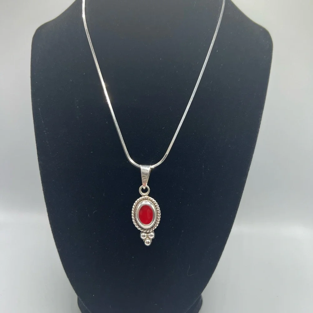 Vintage Mexico 925 Red Coral pendant, earrings and 925 Sterling 18” necklace.